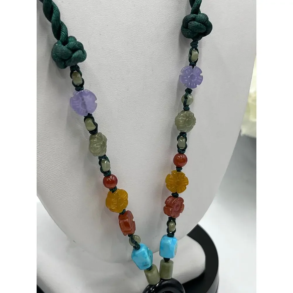 Jadeite Butterfly Carnelian Turquoise Beaded Hand Knotted‎ Green Cord Necklace